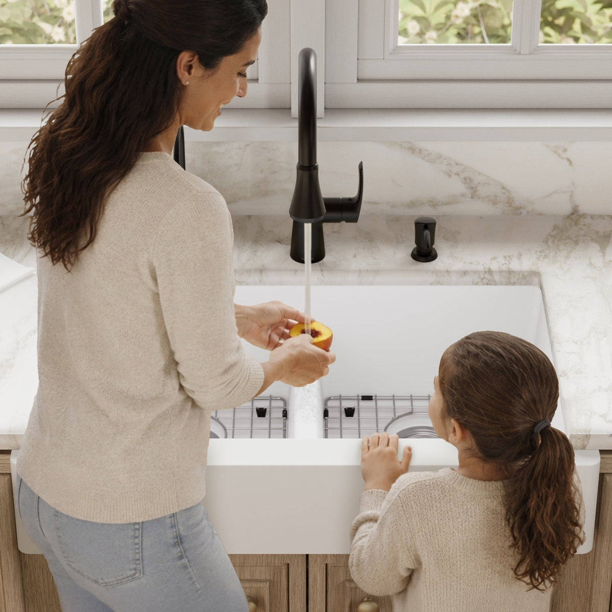 34" Retrofit Farmhouse Double Equal Bowl Quartz Composite Kitchen Sink Kit In White