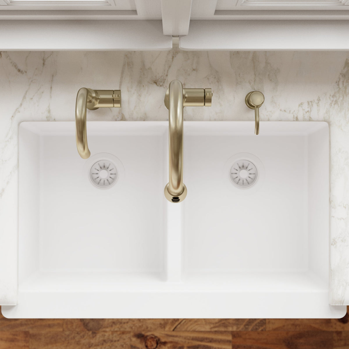 34" Retrofit Farmhouse Double Equal Bowl Quartz Composite Kitchen Sink In White