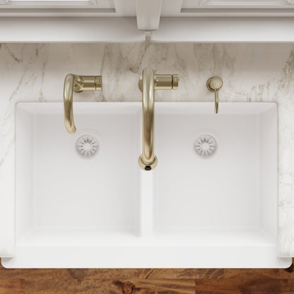 34" Retrofit Farmhouse Double Equal Bowl Quartz Composite Kitchen Sink In White