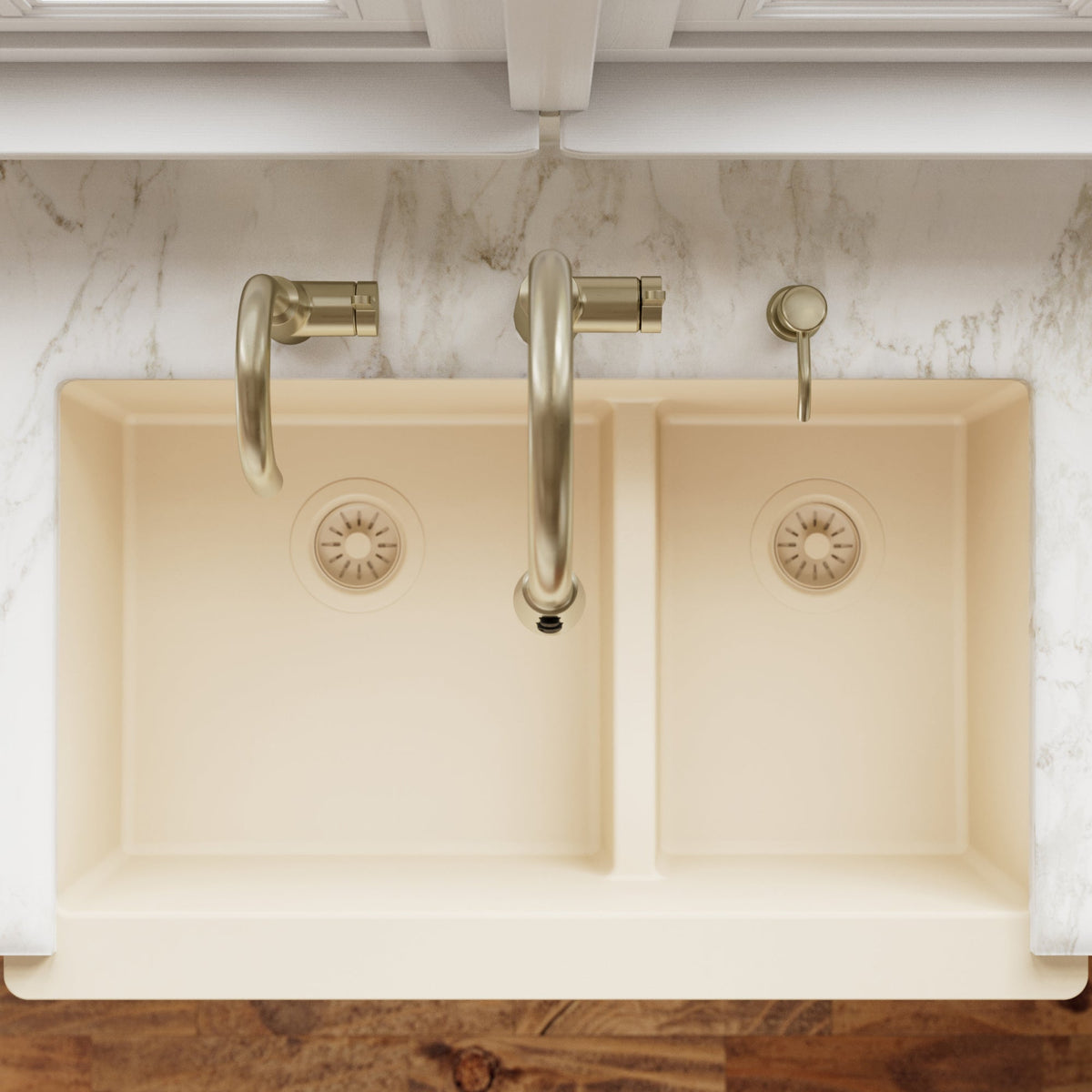 34" Retrofit Farmhouse Double Offset Bowl Quartz Composite Kitchen Sink In Bisque