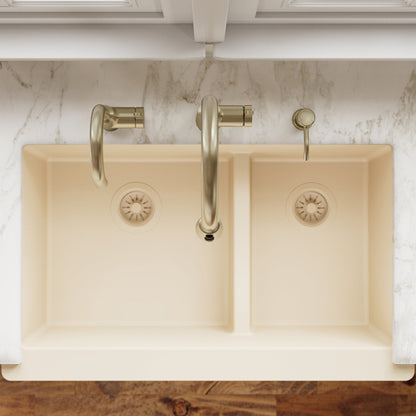 34" Retrofit Farmhouse Double Offset Bowl Quartz Composite Kitchen Sink In Bisque