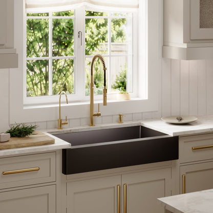 34" Retrofit Farmhouse Double Offset Bowl Quartz Composite Kitchen Sink Kit In Black