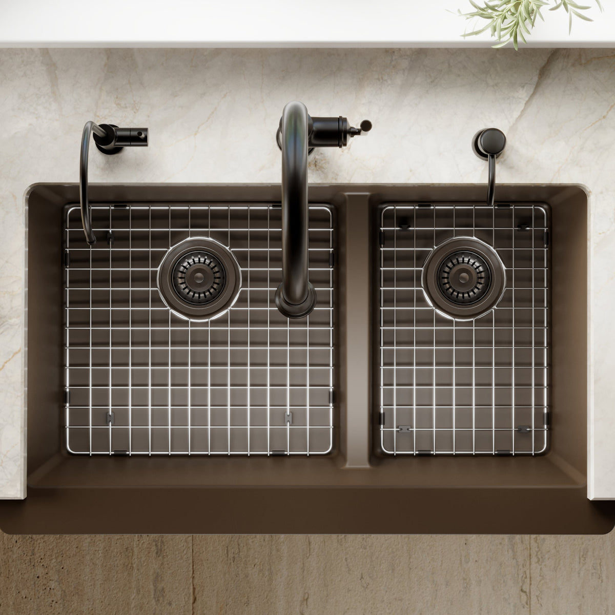 34" Retrofit Farmhouse Double Offset Bowl Quartz Composite Kitchen Sink Kit In Brown