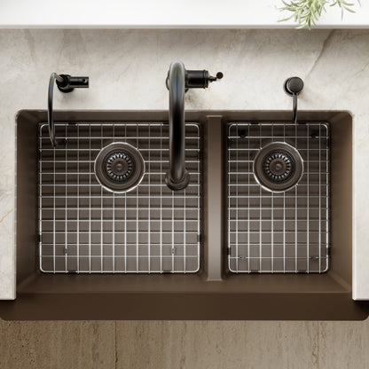 34" Retrofit Farmhouse Double Offset Bowl Quartz Composite Kitchen Sink Kit In Brown