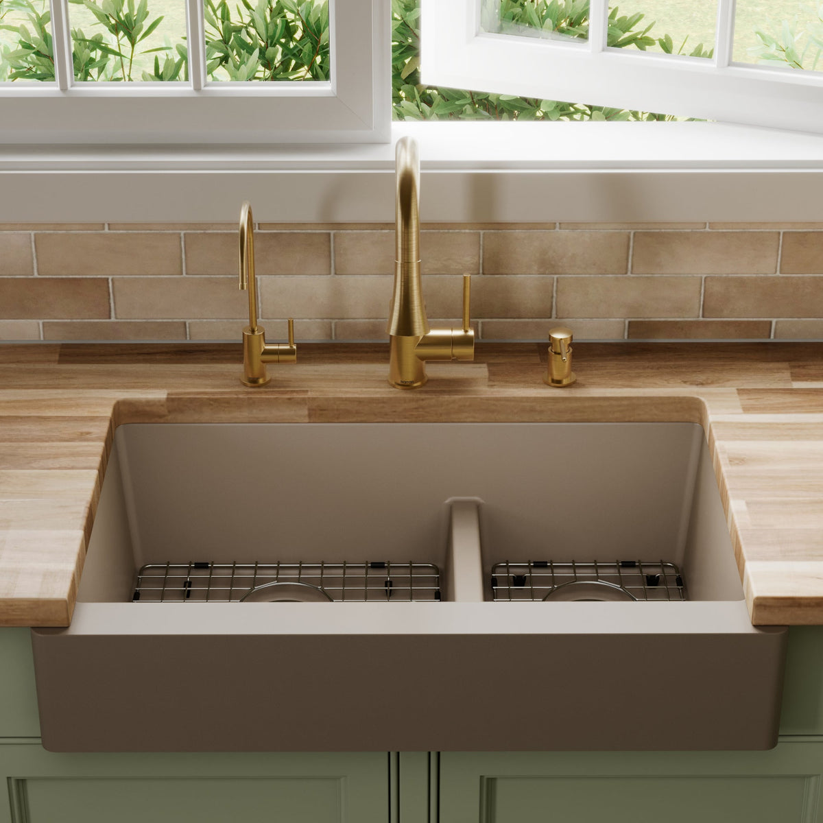 34" Retrofit Farmhouse Double Offset Bowl Quartz Composite Kitchen Sink Kit In Concrete