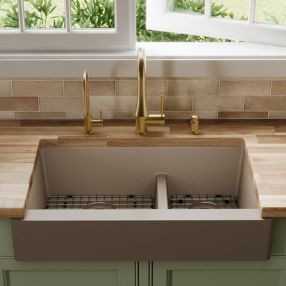 34" Retrofit Farmhouse Double Offset Bowl Quartz Composite Kitchen Sink Kit In Concrete
