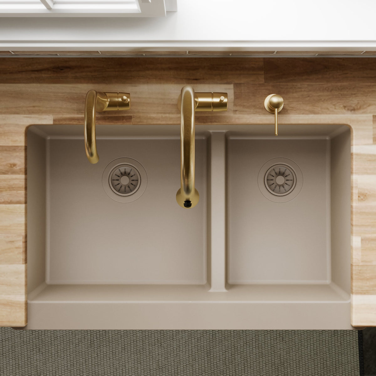 34" Retrofit Farmhouse Double Offset Bowl Quartz Composite Kitchen Sink In Concrete