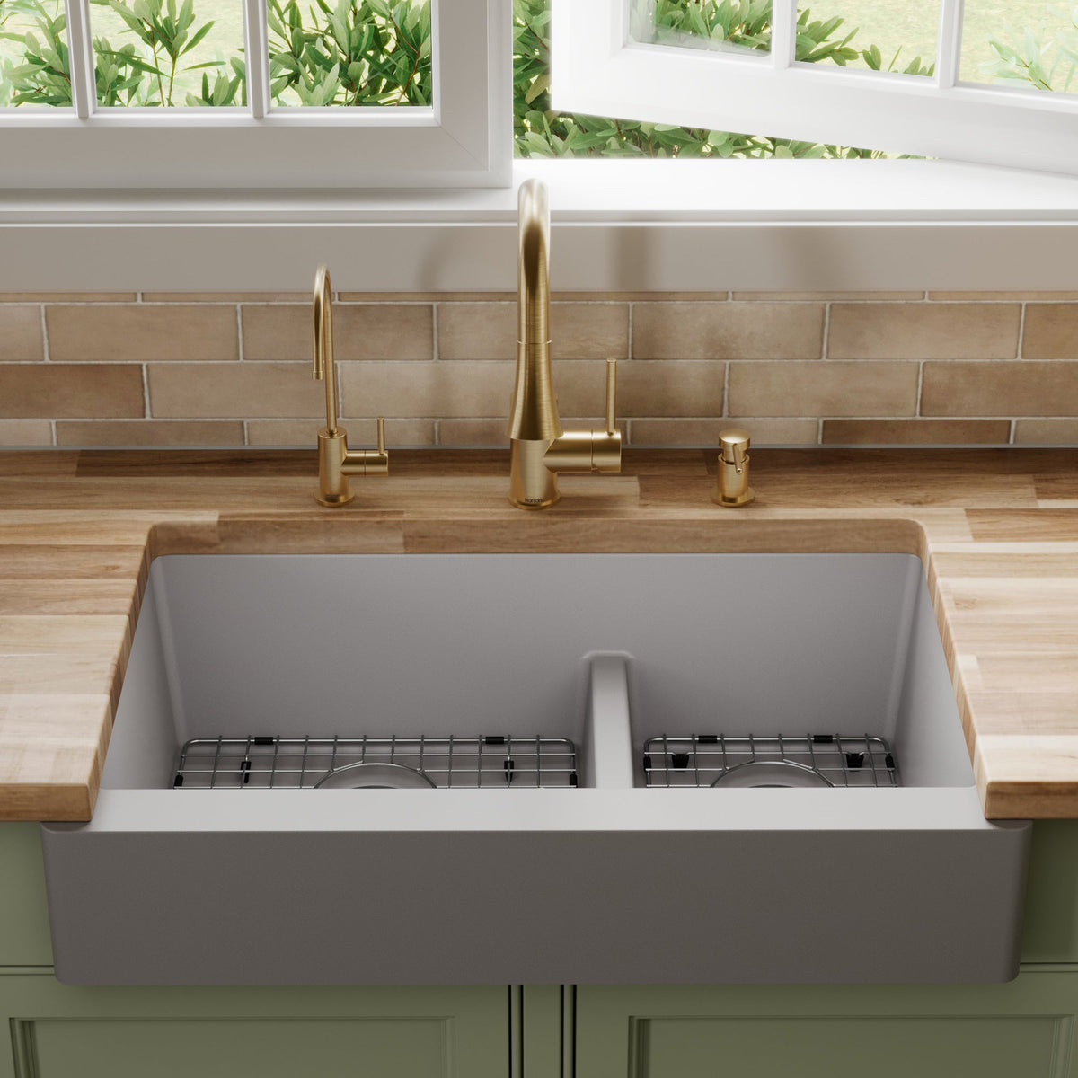 34" Retrofit Farmhouse Double Offset Bowl Quartz Composite Kitchen Sink Kit In Grey