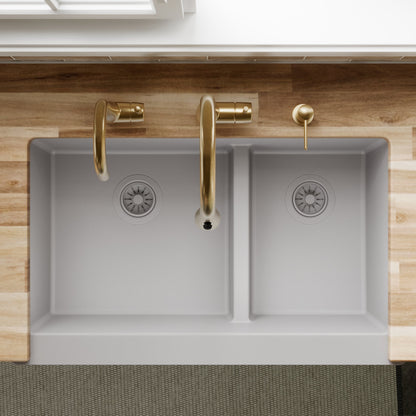 34" Retrofit Farmhouse Double Offset Bowl Quartz Composite Kitchen Sink In Grey