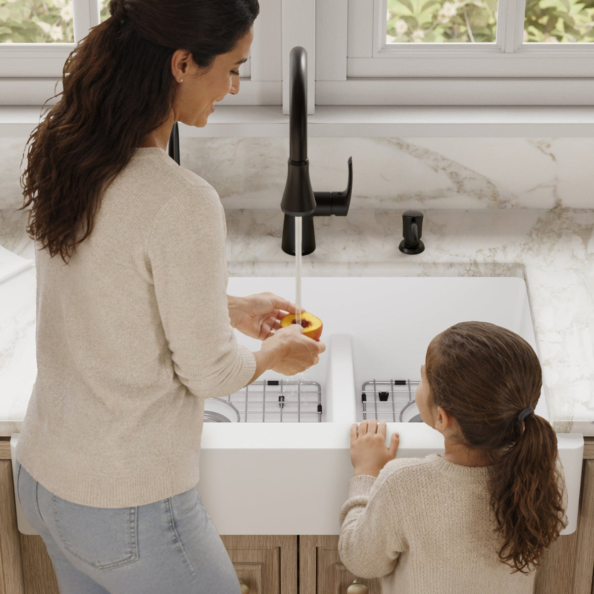 34" Retrofit Farmhouse Double Offset Bowl Quartz Composite Kitchen Sink Kit In White