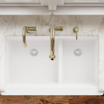 34" Retrofit Farmhouse Double Offset Bowl Quartz Composite Kitchen Sink In White