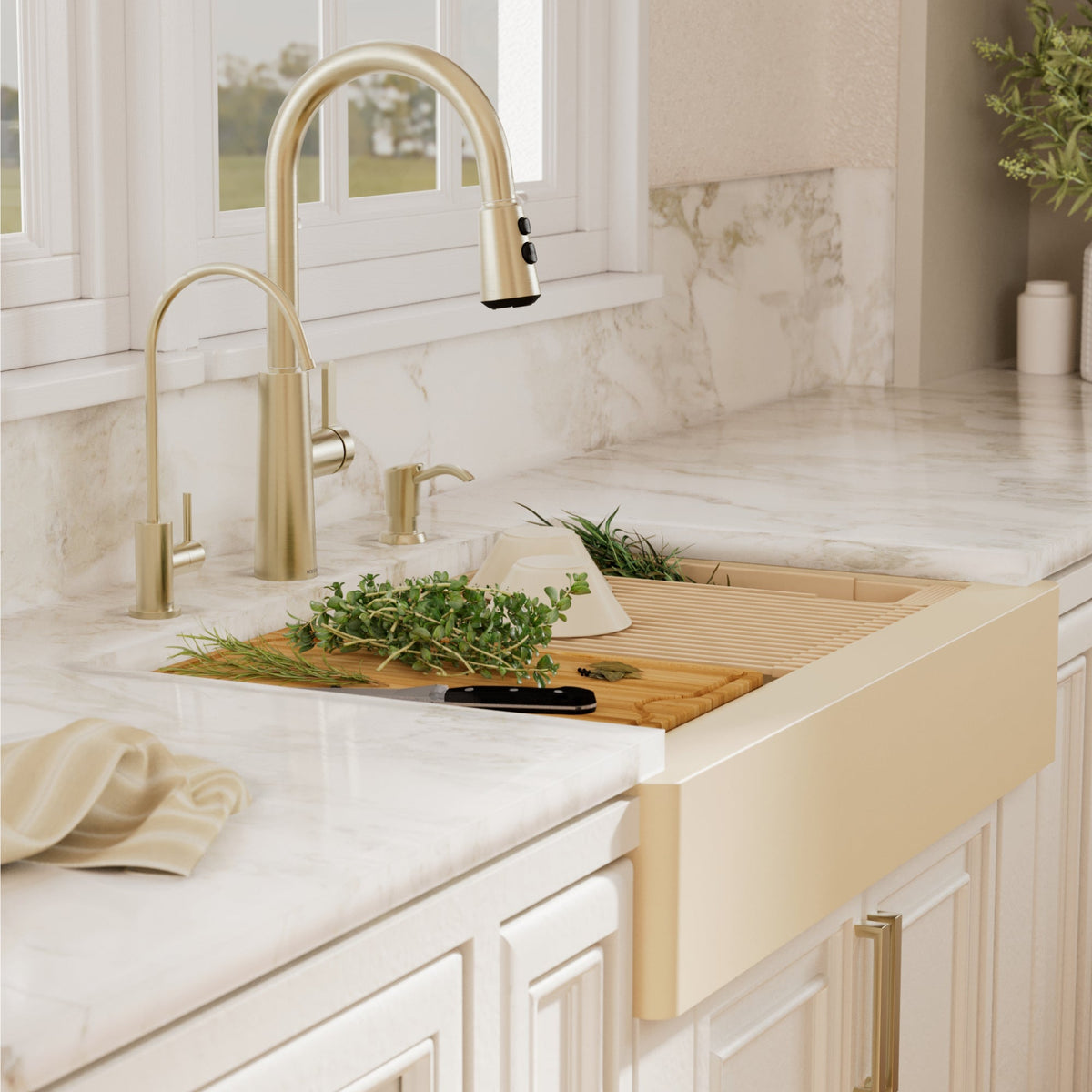 34" Apron Front Single Bowl Quartz Kitchen Sink Kit In Bisque