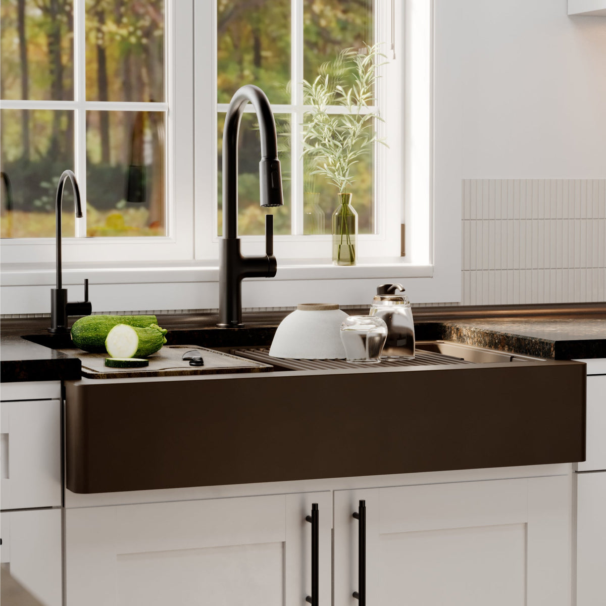 34" Apron Front Single Bowl Quartz Kitchen Sink Kit In Brown