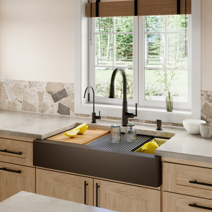 34" Retrofit Farmhouse Large Single Bowl Quartz Composite Workstation Kitchen Sink In Brown
