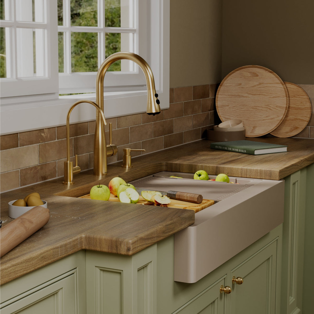 34" Apron Front Single Bowl Quartz Kitchen Sink Kit In Concrete