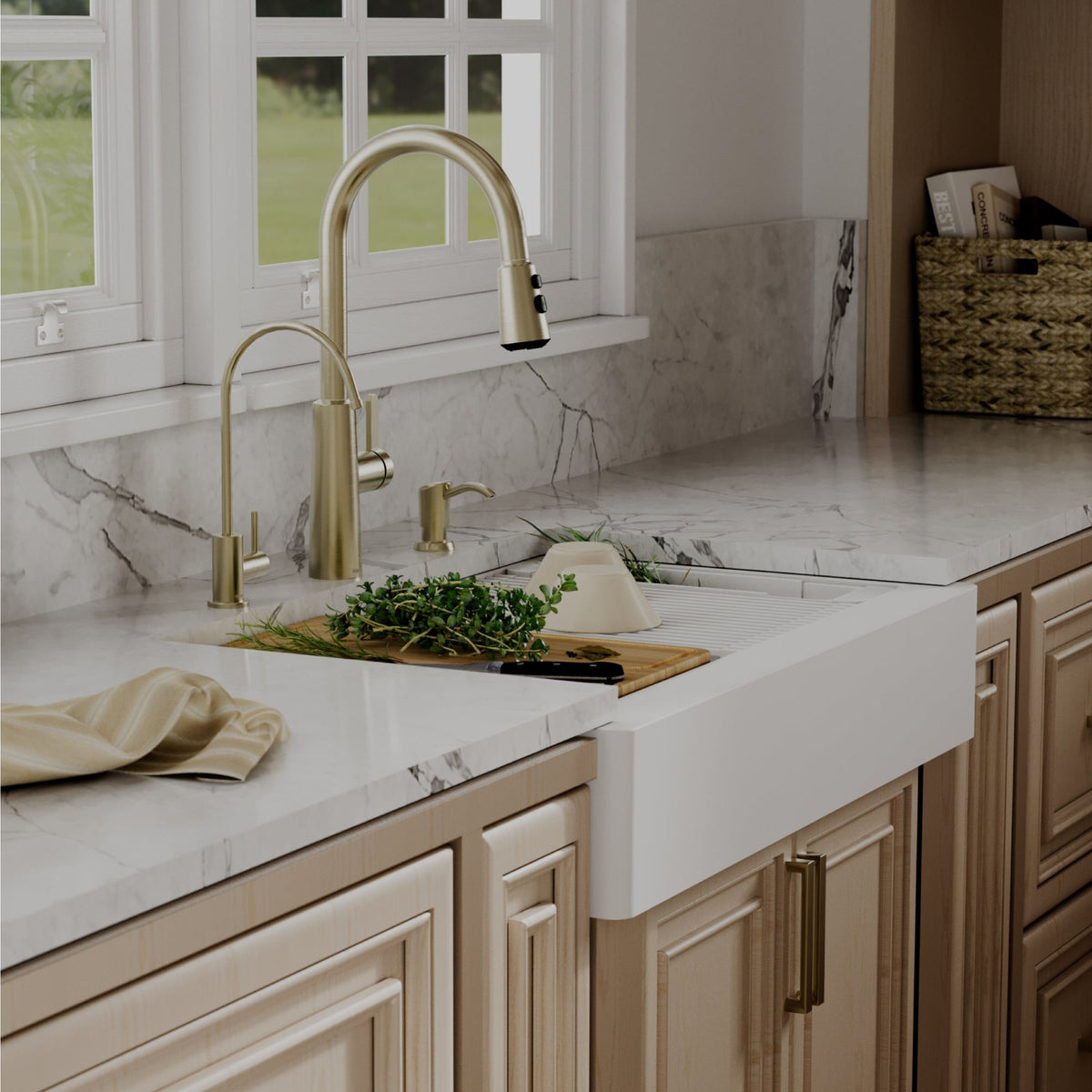 34" Apron Front Single Bowl Quartz Kitchen Sink Kit In White