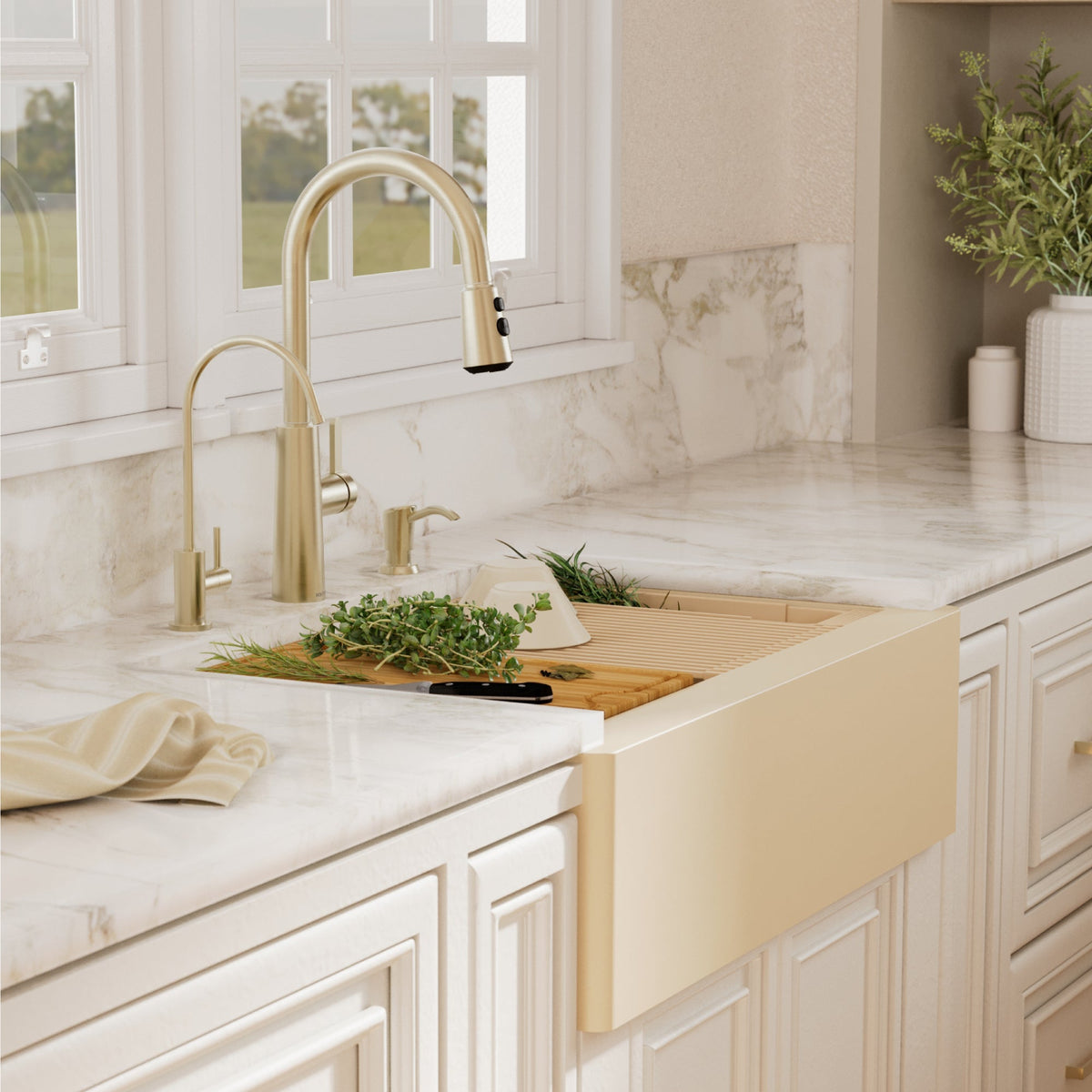 34" Deep Apron Front Single Bowl Quartz Kitchen Sink Kit In Bisque
