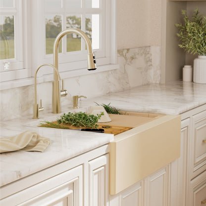 34" Deep Apron Front Single Bowl Quartz Kitchen Sink Kit In Bisque