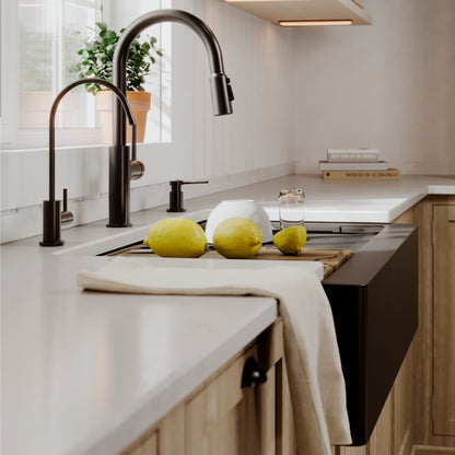 34" Deep Apron Front Single Bowl Quartz Kitchen Sink Kit In Black