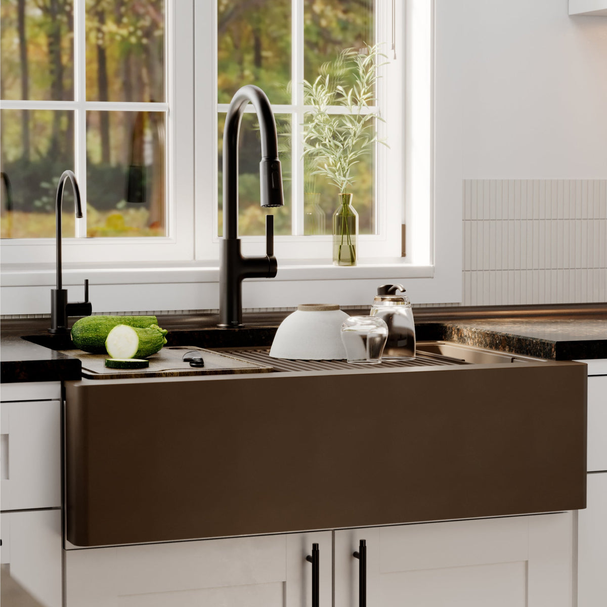 34" Deep Apron Front Single Bowl Quartz Kitchen Sink Kit In Brown