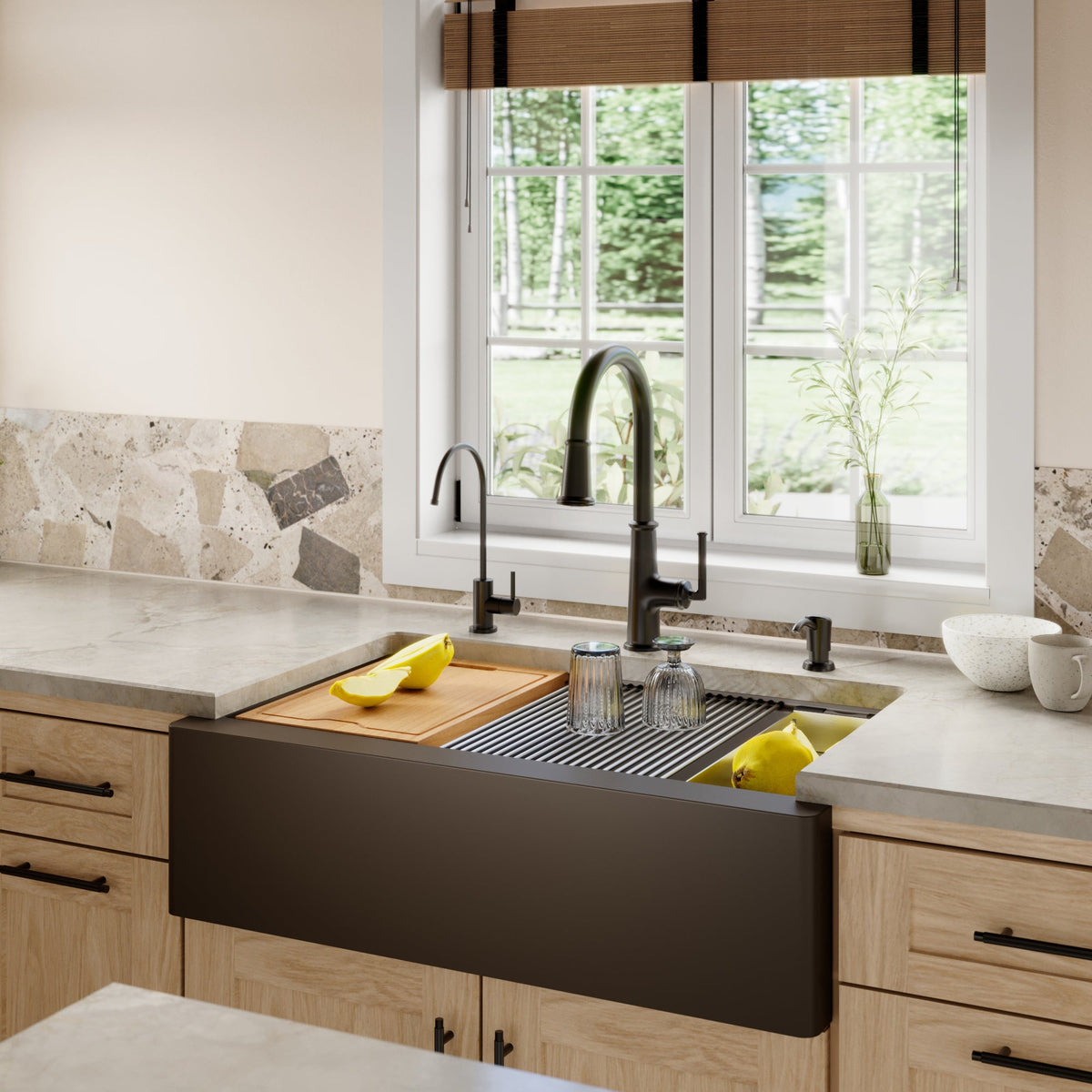34" Farmhouse Large Single Bowl Quartz Composite Workstation Kitchen Sink In Brown