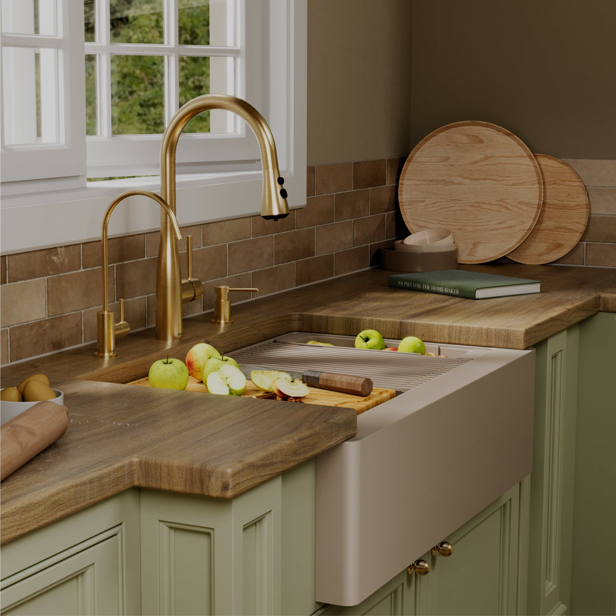 34" Deep Apron Front Single Bowl Quartz Kitchen Sink Kit In Concrete