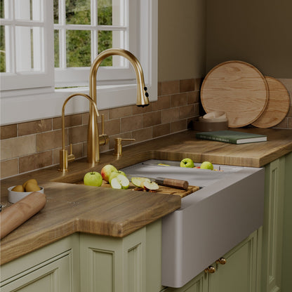 34" Deep Apron Front Single Bowl Quartz Kitchen Sink Kit In Grey