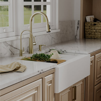 34" Deep Apron Front Single Bowl Quartz Kitchen Sink Kit In White