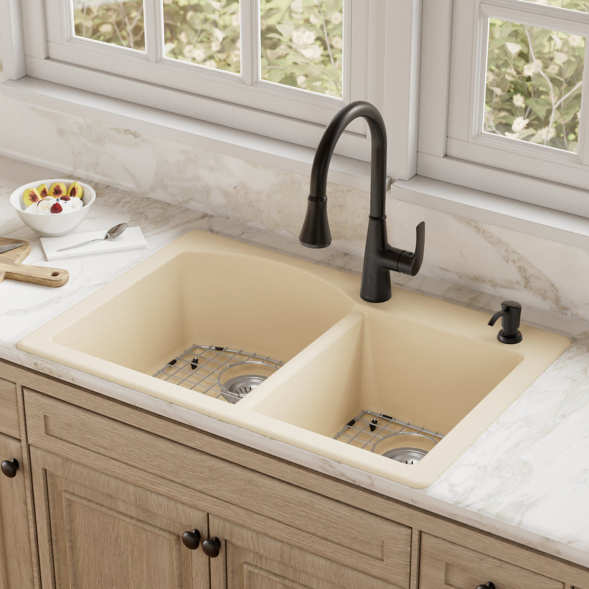 33" Top Mount Double Offset Bowl Quartz Composite Kitchen Sink Kit In Bisque
