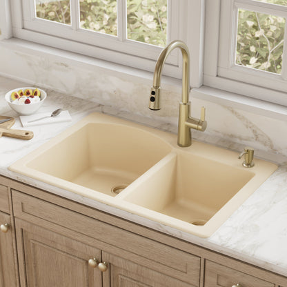 33" Top Mount Double Offset Bowl Quartz Composite Kitchen Sink In Bisque