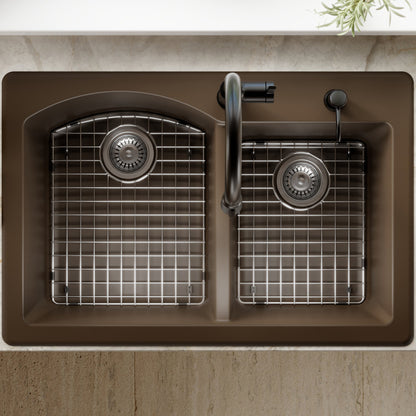 33" Top Mount Double Offset Bowl Quartz Composite Kitchen Sink Kit In Brown
