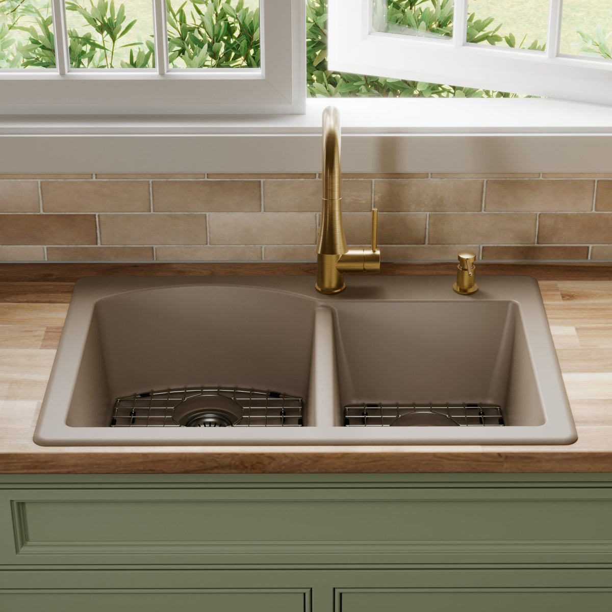 33" Top Mount Double Offset Bowl Quartz Composite Kitchen Sink Kit In Concrete