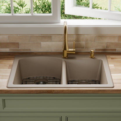 33" Top Mount Double Offset Bowl Quartz Composite Kitchen Sink Kit In Concrete