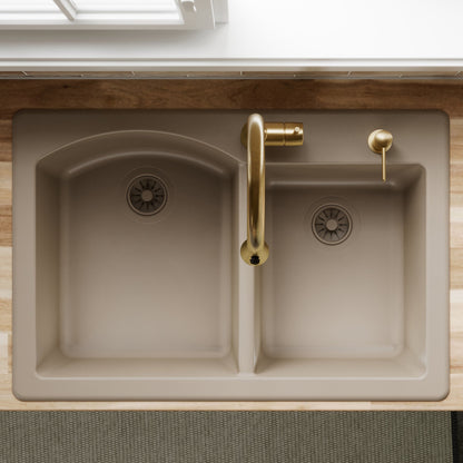 33" Top Mount Double Offset Bowl Quartz Composite Kitchen Sink In Concrete