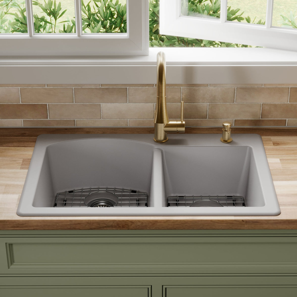 33" Top Mount Double Offset Bowl Quartz Composite Kitchen Sink Kit In Grey