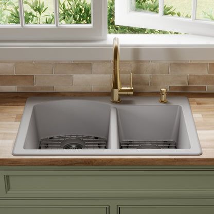 33" Top Mount Double Offset Bowl Quartz Composite Kitchen Sink Kit In Grey