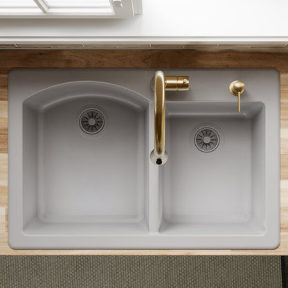 33" Top Mount Double Offset Bowl Quartz Composite Kitchen Sink In Grey