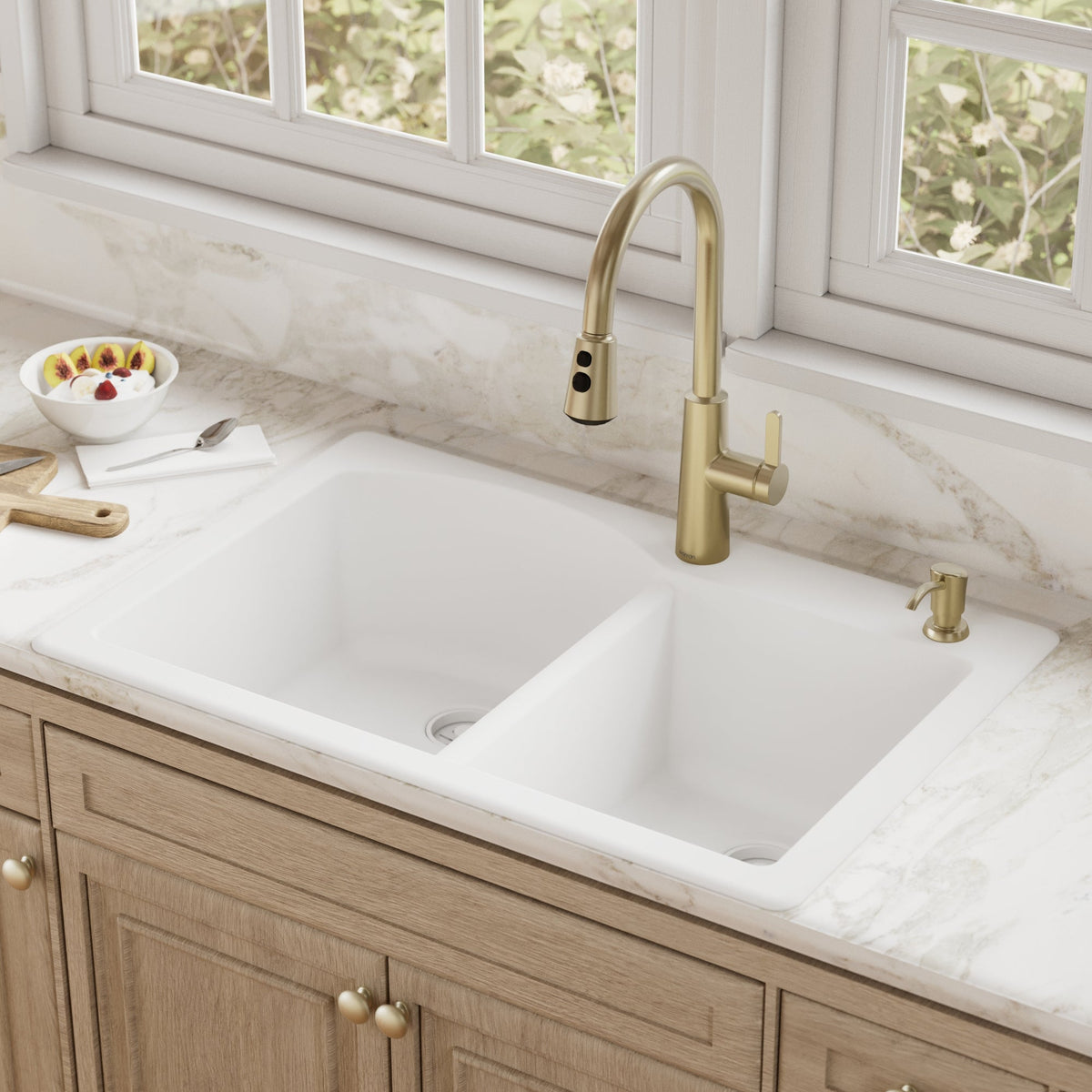 33" Top Mount Double Offset Bowl Quartz Composite Kitchen Sink In White