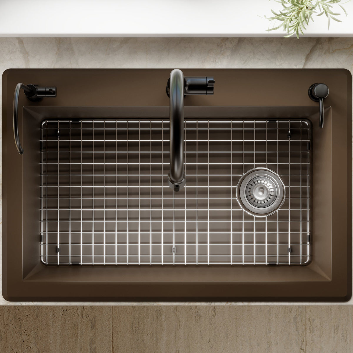 33" Top Mount Large Single Bowl Quartz Composite Kitchen Sink Kit In Brown