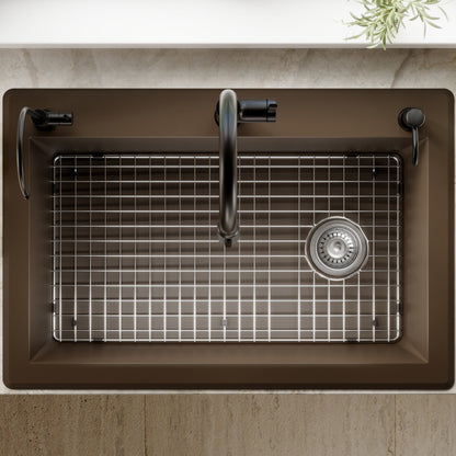 33" Top Mount Large Single Bowl Quartz Composite Kitchen Sink Kit In Brown