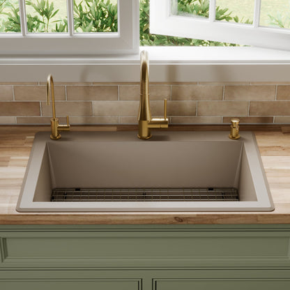 33" Top Mount Large Single Bowl Quartz Composite Kitchen Sink Kit In Concrete