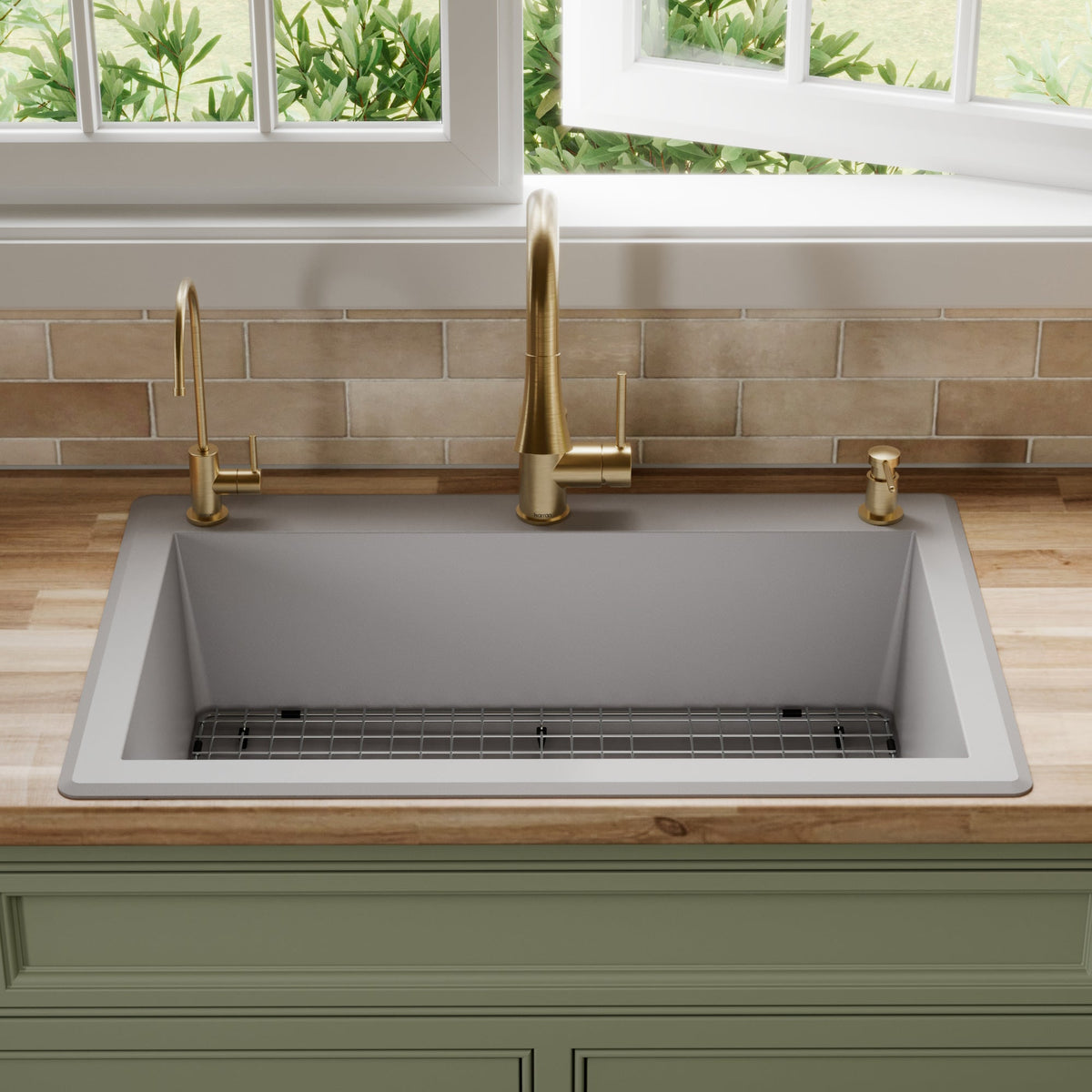 33" Top Mount Large Single Bowl Quartz Composite Kitchen Sink Kit In Grey
