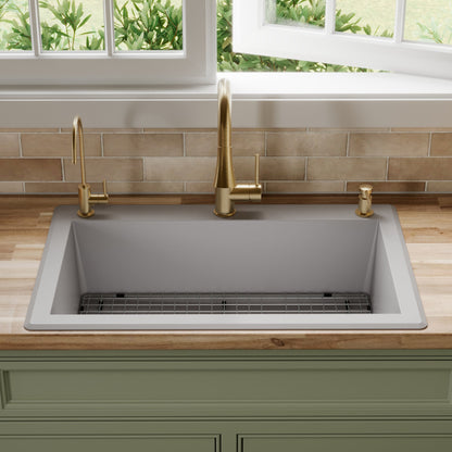 33" Top Mount Large Single Bowl Quartz Composite Kitchen Sink Kit In Grey