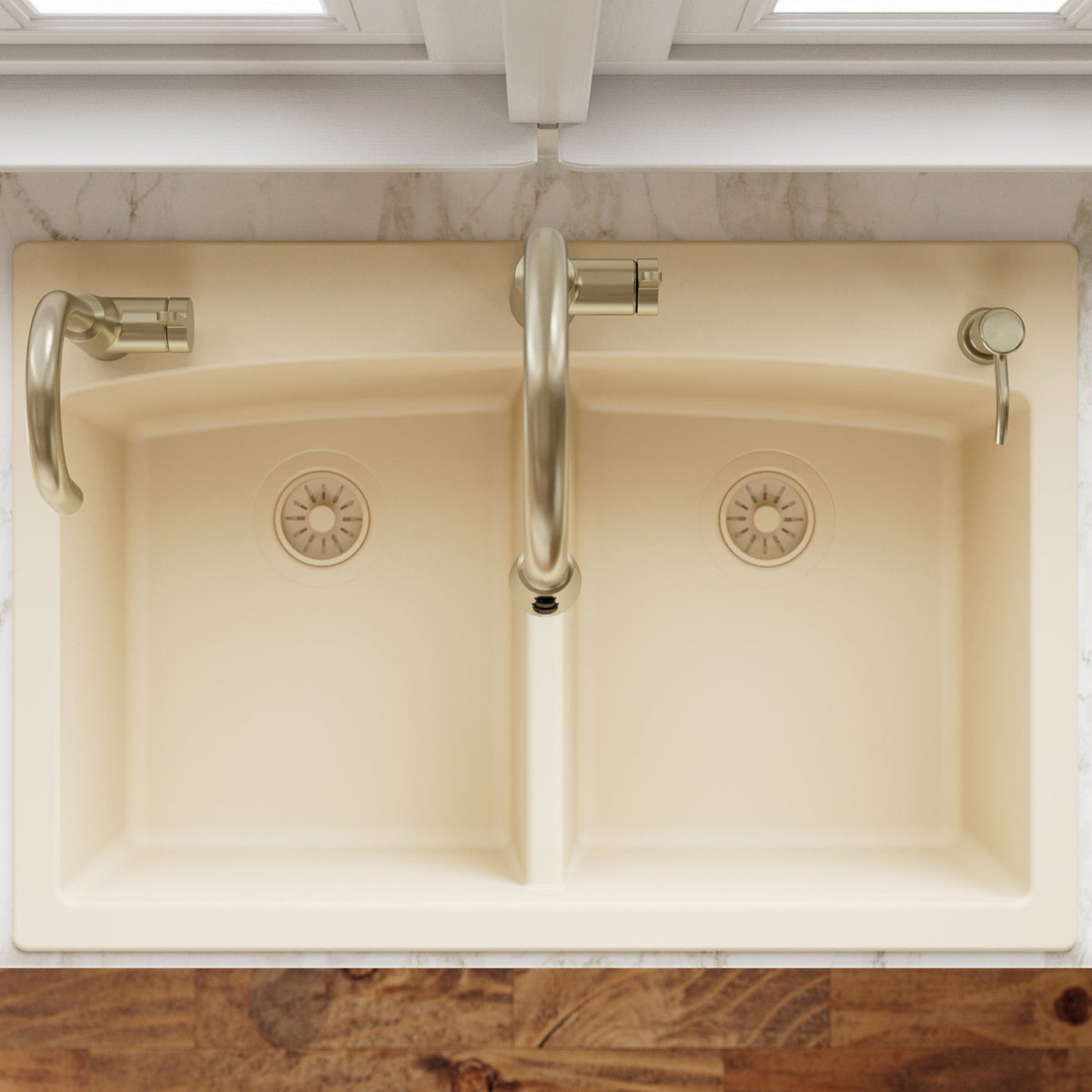 33" Top Mount Double Equal Bowl Quartz Composite Kitchen Sink In Bisque