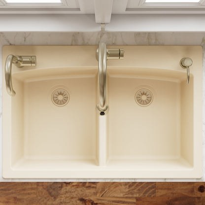 33" Top Mount Double Equal Bowl Quartz Composite Kitchen Sink In Bisque