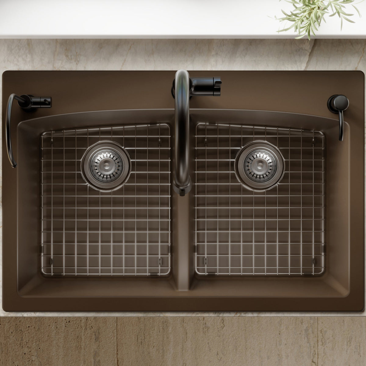 33" Top Mount Double Equal Bowl Quartz Composite Kitchen Sink Kit In Brown