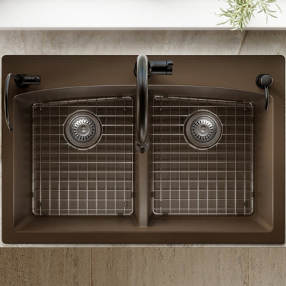 33" Top Mount Double Equal Bowl Quartz Composite Kitchen Sink Kit In Brown