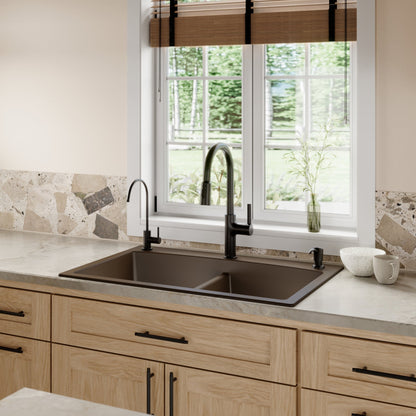 33" Top Mount Double Equal Bowl Quartz Composite Kitchen Sink In Brown