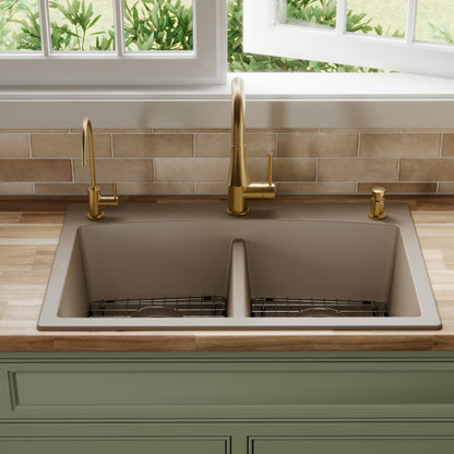 33" Top Mount Double Equal Bowl Quartz Composite Kitchen Sink Kit In Concrete