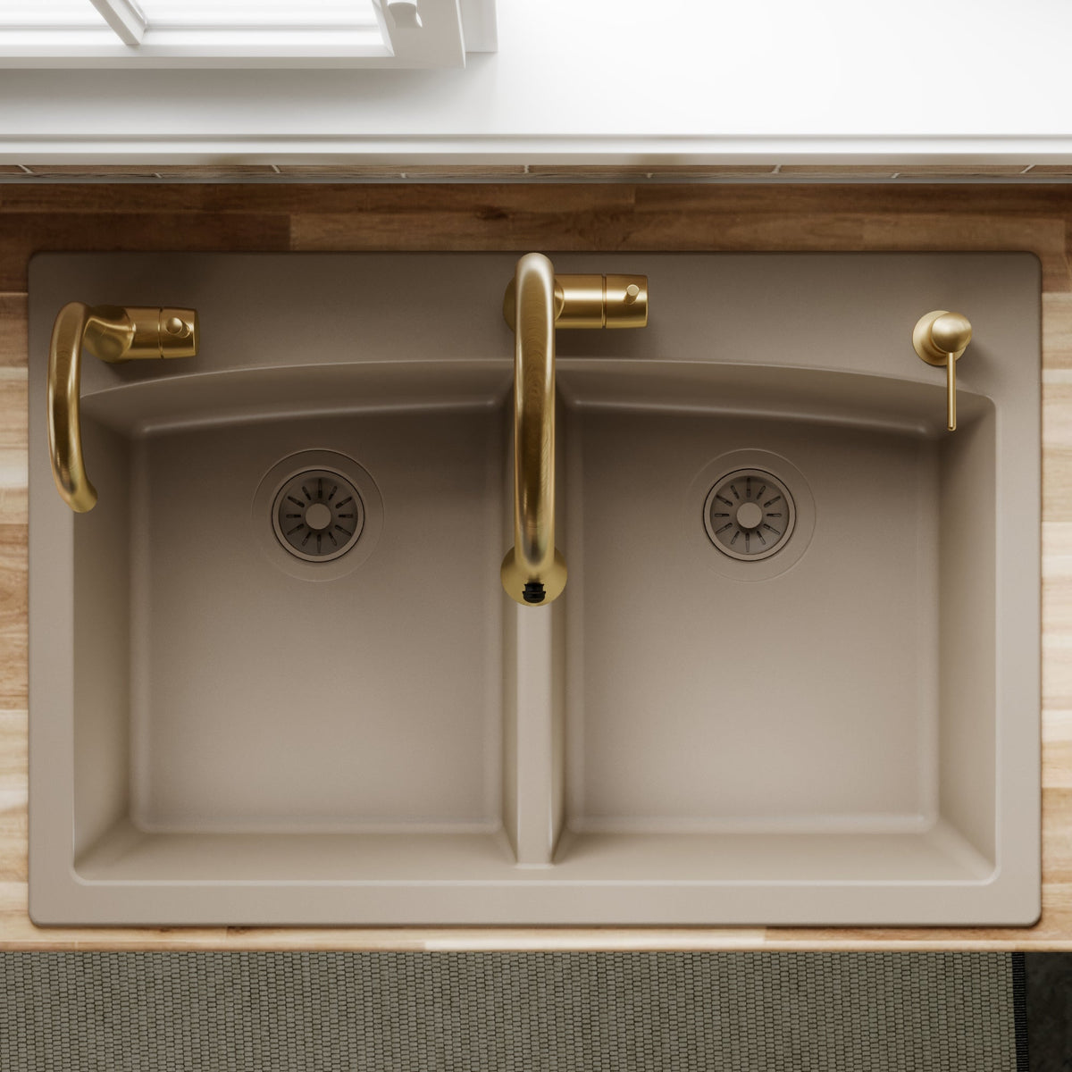 33" Top Mount Double Equal Bowl Quartz Composite Kitchen Sink In Concrete